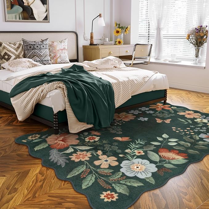 Lahome Floral Washable Living Room Rugs, 5x7 Green Rugs for Bedroom Nursery | Ultra-Thin Soft Non-Slip Stain Resistant Boho Throw Carpet for Dining Room Office Flore Dark, Green