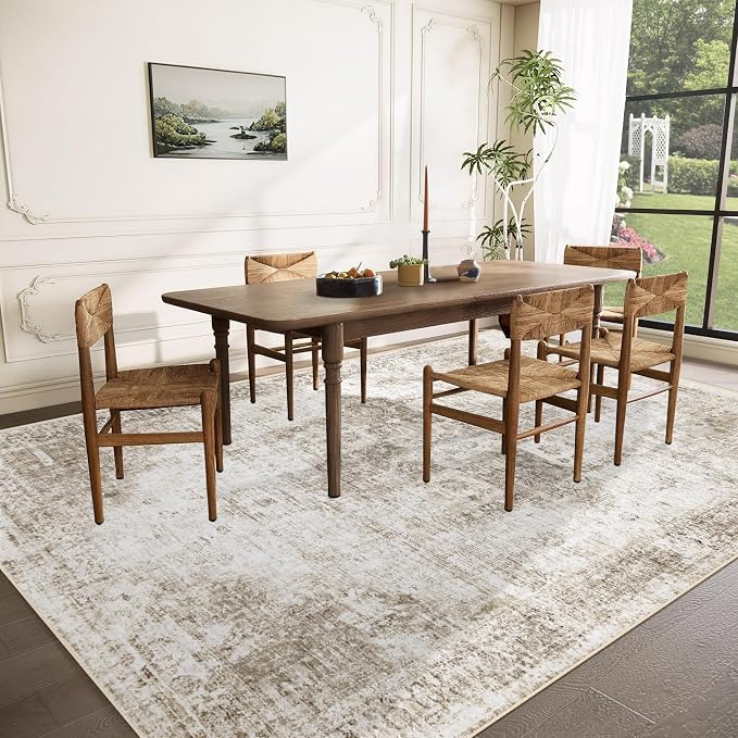 Area Rug 9x12 Washable Rug, Vintage Boho Medallion Rugs Non-Slip Soft Low Pile Large Distressed Rug Indoor Retro Carpet for Living Room Bedroom Dining Room Home Office (Taupe, 9'x12')