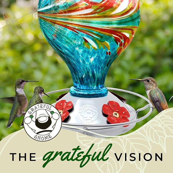 Hummingbird Feeder by Grateful Gnome - Large Hand Blown Stained Glass Feeder for Garden, Patio, Outdoors, Window with Accessories S-Hook, Ant Moat, Brush - 36fl oz, Large Blue Egg Design