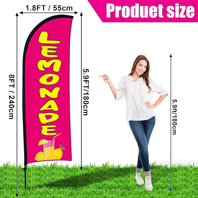 Hahafelt 2 Sets Lemonade Open Feather Flag for Business Advertising 8 ft Feather Flag Sign with Flagpole Ground Stake Portable Bag Lemonade Banner for Outside Park Garden Restaurant(Rose Pink)