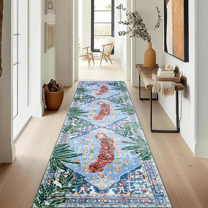 Oriental Tropical Hallway Runner Rug 2x6 Washable, Thin Stain Resistant Blue Boho Runner Rug for Entryway Kitchen Bedroom Laundry, Vintage Abstract Hippie Indian Botanical Long Floor Carpet