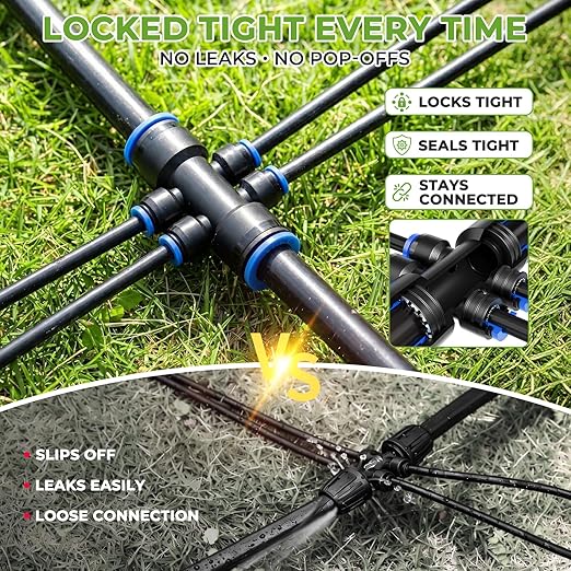HIRALIY 50FT Drip Irrigation System Kit, Quick-Connect Garden Watering System with 10FT Main Hose and 40FT 1/4" Tubing, Adjustable Drippers for Patio Pots, Container Gardens & Small Raised Beds