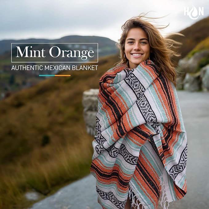 Hydration Nation Authentic Extra Large Mexican Blanket (70"x50") - Handwoven Yoga, Serape- Artisanal Falsa, Beach, Camping, Picnic, Outdoor (Mint-Orange)