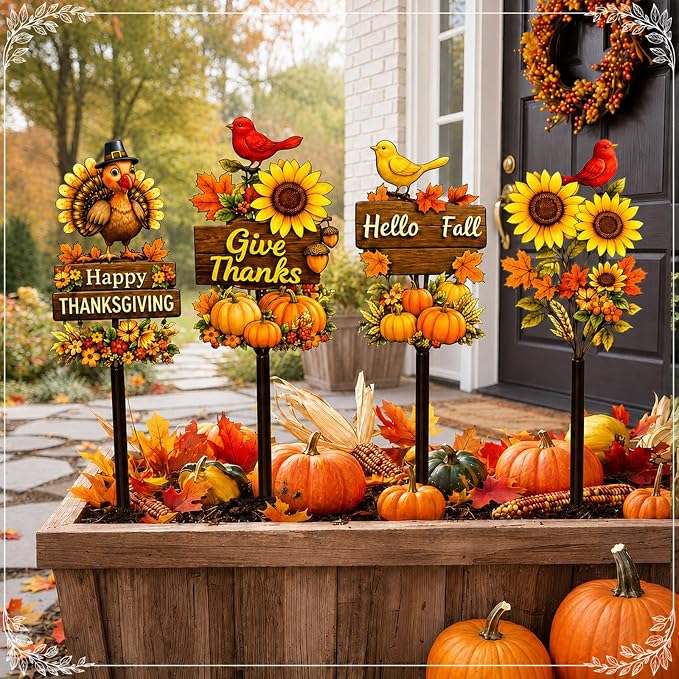 4 Pcs Fall Thanksgiving Garden Stakes Pumpkins Maple Leaves Turkey Sunflower Metal Yard Sign Outdoor Art Stake for Thanksgiving Decorations Autumn Harvest Patio Lawn Walkway Porch
