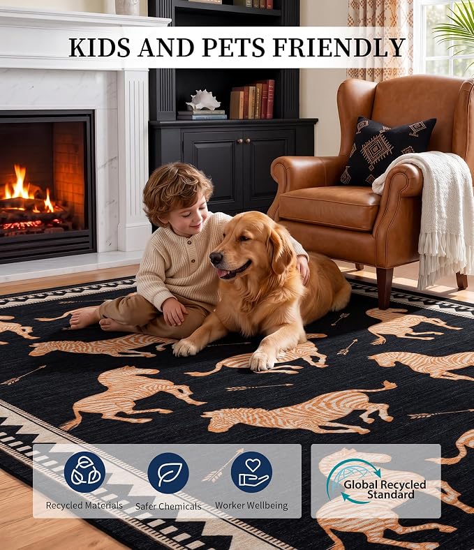 YIHOUSE Black and Gold Zebra Area Rugs 5×7, Washable Animal Print Rug with Geometric Border, Non-Slip Low Pile Mid-Century Modern Carpet for Living Room, Bedroom, Dining Room