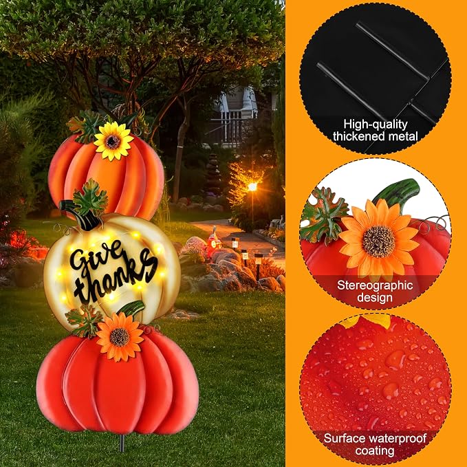 Fovths 39 Inches 3 Pieces Thanksgiving Metal Outdoor Fall Decorations, Giant LED Pumpkin Garden Lawn Patio Yard Signs, Metal Fall Waterproof Yard Sign for Home Thanksgiving Harvest Driveway Decor