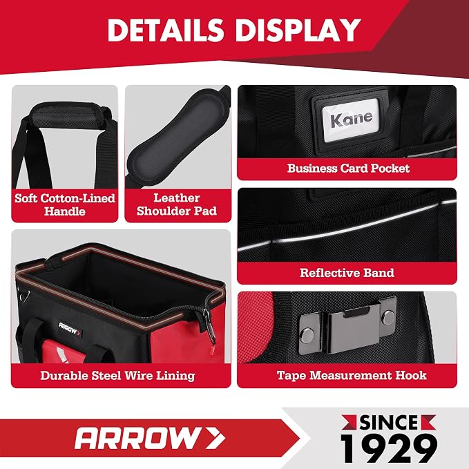 ARROW 16" Tool Bag Organizer with Anti-Slip Feet, Tool Bags for Men Heavy Duty, Wide Open Mouth, Large Capacity with 13 Pockets, Portable Toolbag for Electrician Mechanic Plumber HVAC