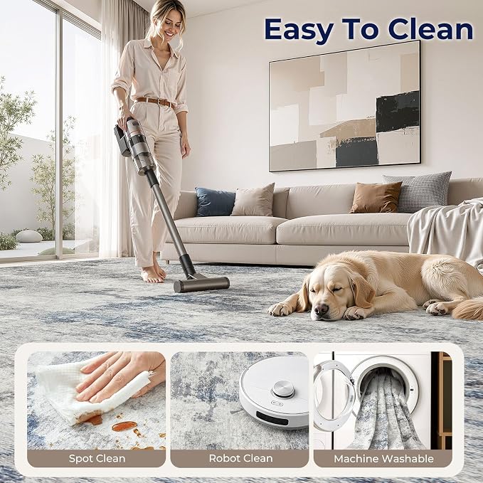 DMOYEST 5x7 Area Rug for Living Room Washable Abstract Indoor Carpet | Neutral Modern Low Pile Rugs Kid & Pet Friendly Soft Thin Carpet for Bedroom Dining Room and Office - Grey Blue