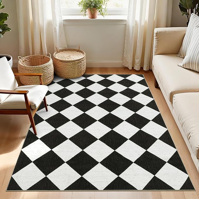 GarveeHome 3x5 Checkered Area Rug Non Slip Washable Entryway Bedroom Rug | Modern Geometric Plaid Black and White Carpet Classic Throw Mat for Kitchen Bedside Kids Room Office Dining Room