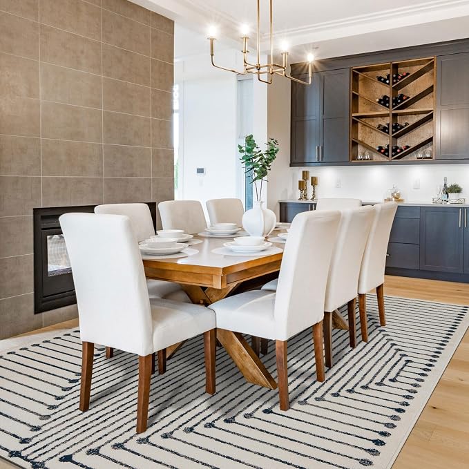 Rugshop Contemporary Bohemian Stripe Area Rug 7'10" x 10' Cream | Jute Backing, Soft Medium Pile, Stain Resistant, No Shedding, Living Room, Dining Room, Family Room, Great Room, Basement