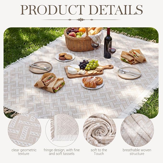 1 Pack White Coffee Extra Large Picnic Blanket, Outdoor Picnic Mat, Woven Boho Large Beach Blanket with Fringe for Park, Camping, Lawn or Wedding Photoshoot (71 x 91 Inches)