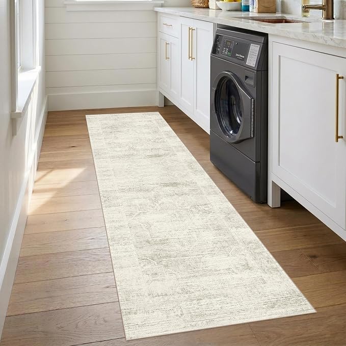Latte&Fog 2.6x8 Washable Hallway Runner Ivory Rug for Kitchen Non Slip | Low Pile Soft Cute Throw Rug Doormat for Entrance Bathroom Laundry Bedside Bedroom Nursery Playroom Hallyway Dorm Office