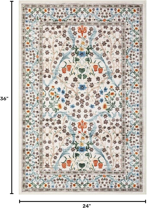 GarveeHome Floral Entryway Rug, 2x3 Washable Front Door Entry Throw Rugs Indoor, Non Slip Bathroom Small Rugs, Boho Thin Rug for Kitchen, Soft Carpet Mat for Bedroom Bathroom, Beige
