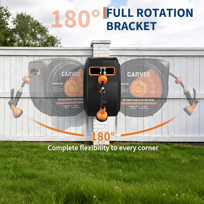 Garvee Retractable Garden Hose Reel, 1/2 Inch x 100 ft Wall Mounted Heavy Duty Garden Hose Reel with 10 Patterns Nozzle, Any Length Lock, Upgraded Slow Return System and 180°Swivel Bracket