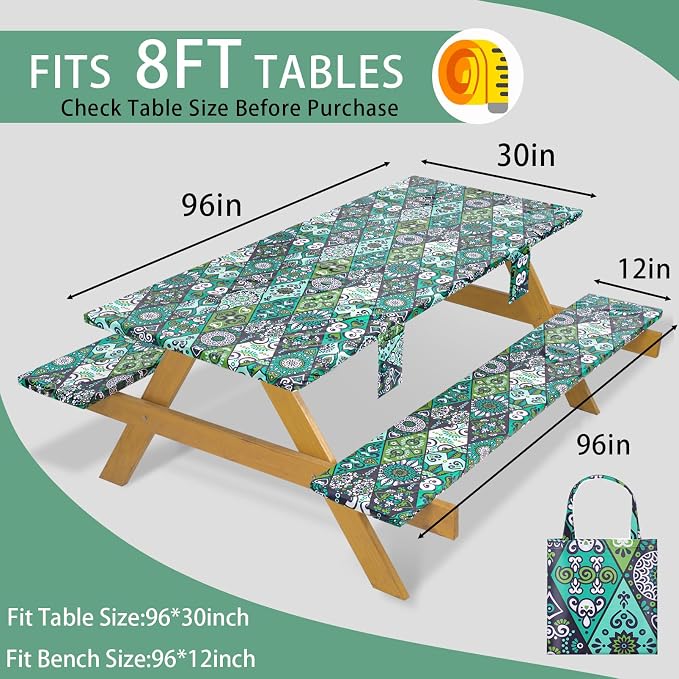 Fitted Waterproof Picnic Table Cover with Bench Covers Elastic 96×30In 3 Piece Camping Table Cloth for 8Ft Rectangle Tables Outdoor Camper Gifts Supplies Patio Rv Traveling Hiking Must Haves