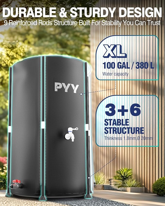 PYY Rain Water Collection Barrel - 100 Gallon Black Large Water Storage Tank with Spigots, Portable Rain Catcher to Collect Rainwater from Gutter, Plastic Rain Catchment System with Collapsible Bucket