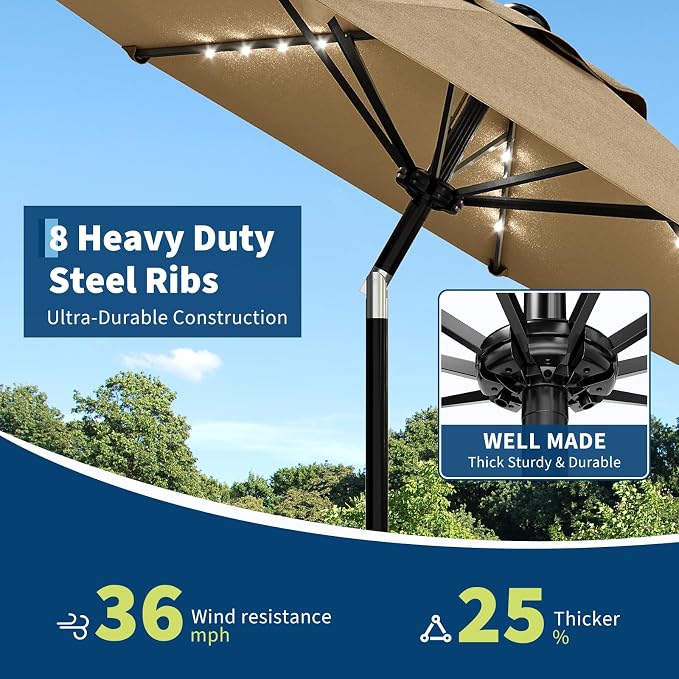 GarveeLife Patio Umbrella with Solar Lights, Outdoor Table Umbrella with 8 Durable Ribs, Tilt & Crank Mechanism, Water & UV Protection Sun Shade Umbrella for Garden, Poolside, Backyard (Tan, 10 FT)
