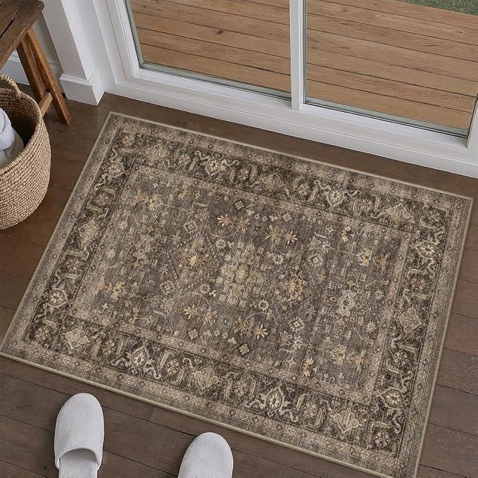 2x3 Dark Brown Vintage Area Rug | Washable, Non Slip, Soft Low Pile, Traditional Farmhouse, for Entryway Kitchen Bathroom Bedroom Indoor