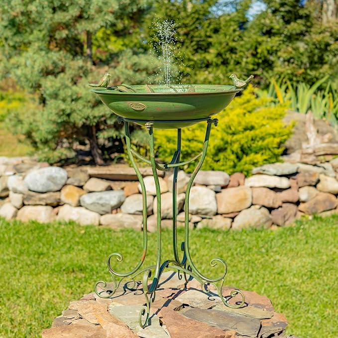 Zaer Ltd. Deep Well Made Metal Birdbath with 2 Cast Iron Birds and Leaf Decoration (Verdi Green)
