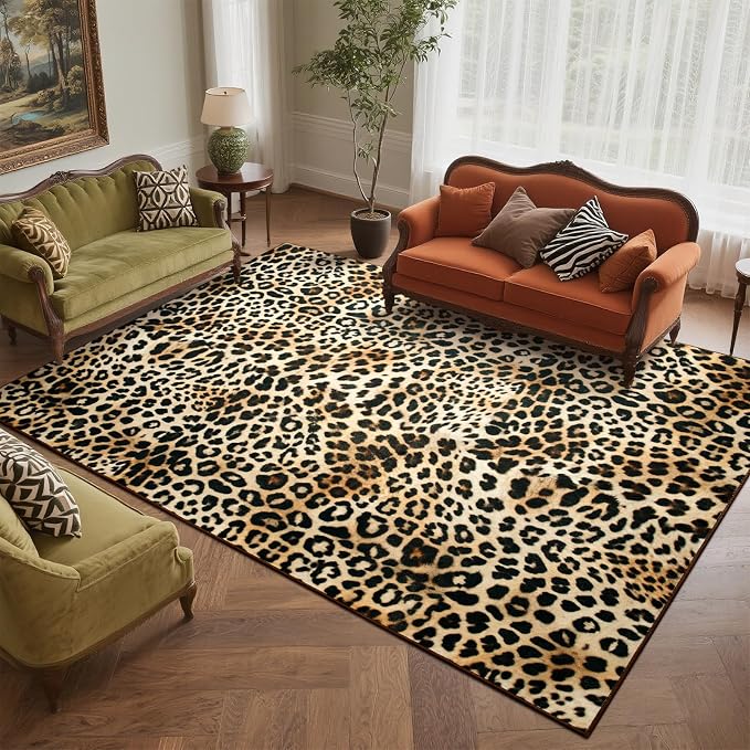 DweIke Leopard Print Rug for Living Room, Machine Washable 5x7 Cheetah Area Rugs for Bedroom, Non-Slip Low Pile Animal Hide Carpet with Rubber Backing for Dining Room Kitchen Home Decor,White Brown