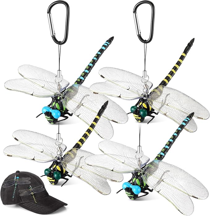Qualirey 4pcs Dragonfly Hat Clip Realistic Simulated Dragonfly with Hook Clip Attach to Backpack Hat for Indoor Yard Garden Plant Decor (Yellow,Blue)