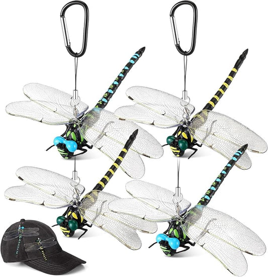Qualirey 4pcs Dragonfly Hat Clip Realistic Simulated Dragonfly with Hook Clip Attach to Backpack Hat for Indoor Yard Garden Plant Decor (Yellow,Blue)