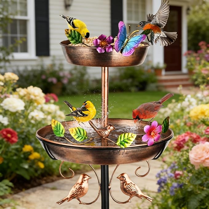 43" Bird Bath and Feeder for Outside 2-tier, 12" and 8" Dia Double Removable Bird Baths Outdoor, Vintage Water Bowl Birdbaths, Garden Patio Lawn Decor with Butterfly and Floral Bird Border Decorative