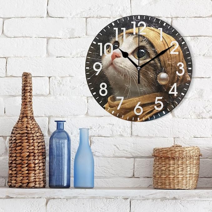 ALAZA Home Decor Cute Kitten Cat Black Round Acrylic 9.84 Inch Wall Clock Non Ticking Silent Clock Art for Living Room Kitchen Bedroom