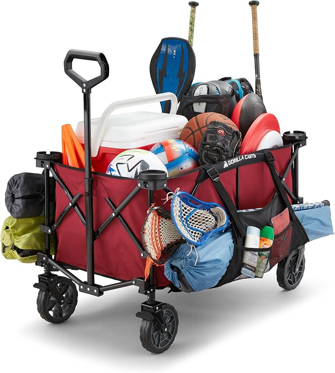 Gorilla Carts Collapsible Folding Outdoor Utility Wagon, 7 Cu Ft Oversized Bed, 150 lb Load Rating, Red – Foldable Rolling Cart w/ Pockets & Cup Holders for Beach, Camping, Sports or Picnic