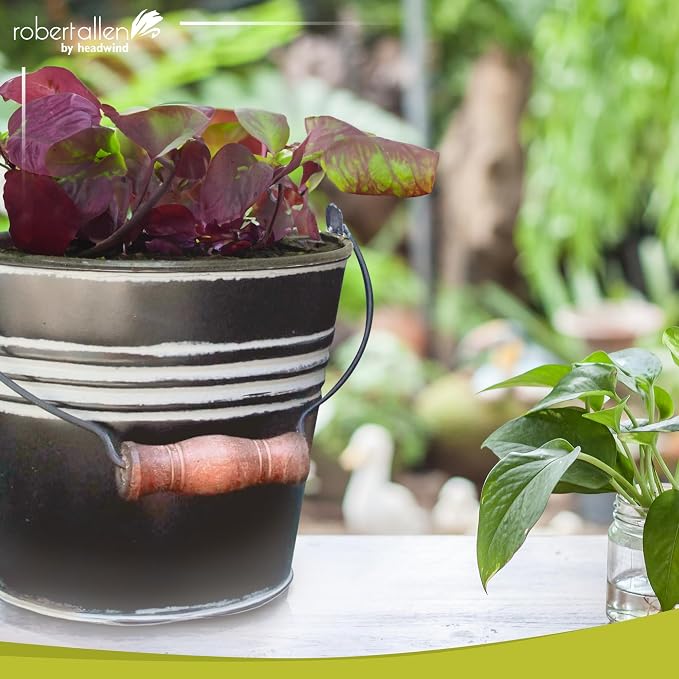Headwind Vintage Collection - 6 Inch Charcoal Banded Planter with Handles – Galvanized Bucket Planter - Decorative Small Planters for Indoor Plants & Outdoor Use by Robert Allen