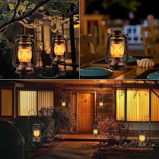 Solar Lanterns Outdoor Waterproof, 2 Pack Bronze Flickering Flame Lights | Vintage LED Hanging Lantern, Outdoor Decorative Lights for Patio, Porch, Garden, Yard, Pathway, Camping