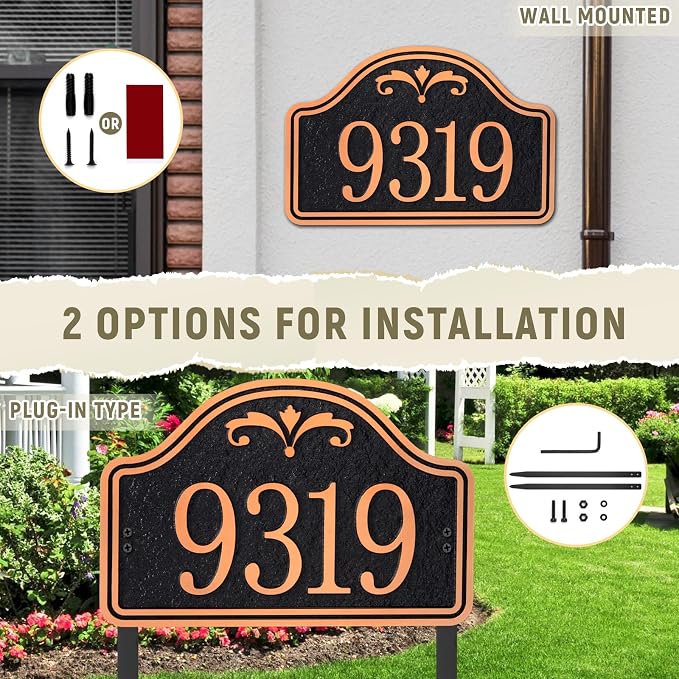 Personalized Lawn Address Plaque Sign with Stakes - House Address Signs for Outside Use for House,Apartment,Office,Yard (Green/Copper)