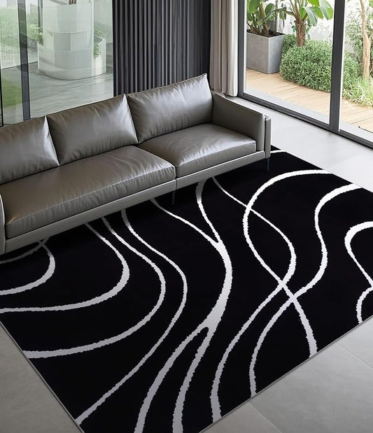 Black Modern Area Rug 5x7,Abstract Rugs for Bedroom,Black and White Geometric Rug,Minimalist Striped Rug,Dark Washable Area Rugs 5x7 Non Slip Throw Rugs for Bedroom，Office