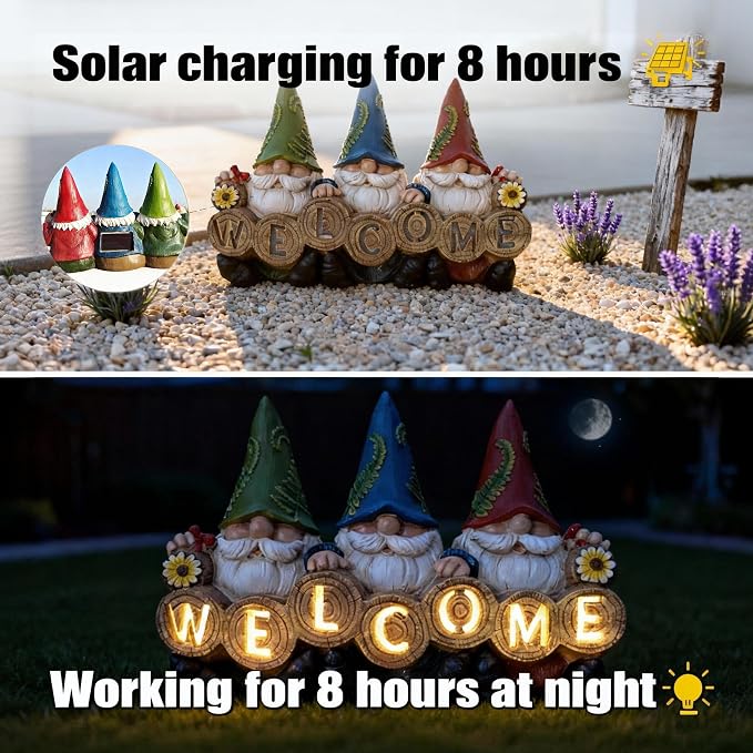 Garden Gnomes Solar Powered Welcome Statue, Outdoor Patio Yard Decor, Waterproof Resin Garden Figurines, Gift for Mother's Day for Mom Grandma, Spring Gardening Gift for Women Grandkids