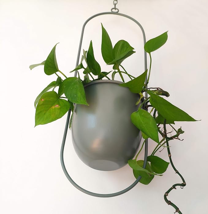 RISEON Boho Green Metal Plant Hanger,Metal Wall and Ceiling Hanging Planter, Modern Planter, Mid Century Flower Pot Plant Holder, Minimalist Planter for Indoor Outdoor Home Decor