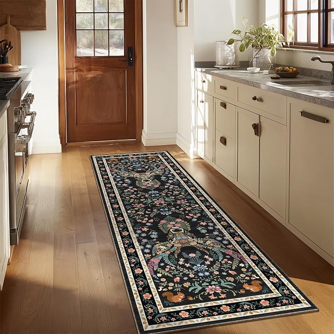 Area Rug Hallway Vintage Floral Deer Pattern 2x6 - Bohemian Forest Animal Carpet with Squirrel & Butterfly, Soft Decorative Area Rug for Living Room Bedroom Home Decor