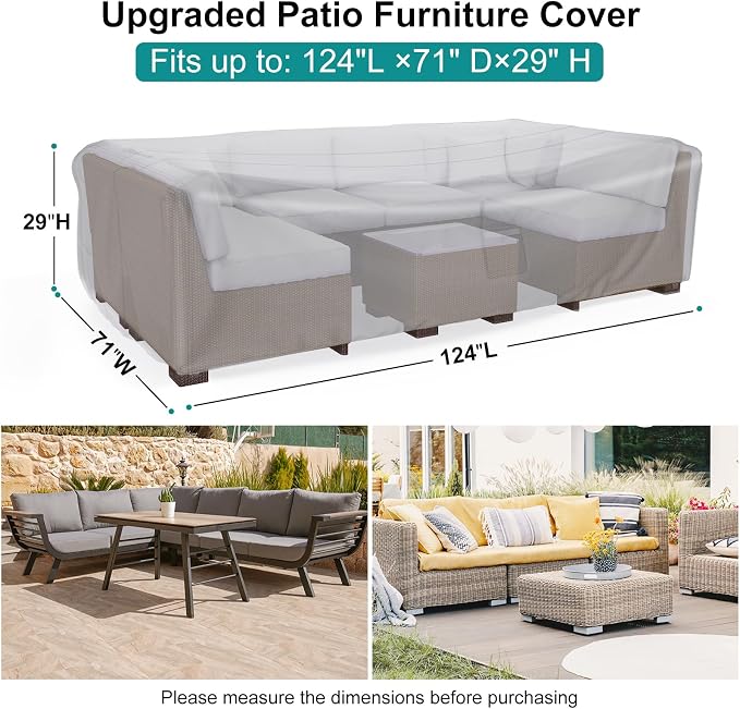 Patio Furniture Set Cover Waterproof, Heavy Duty Furniture Covers for Outdoor Sectional Sofa Set Wicker Rattan Table Chair Rectangular,124"L×71"W×29"H,Grey