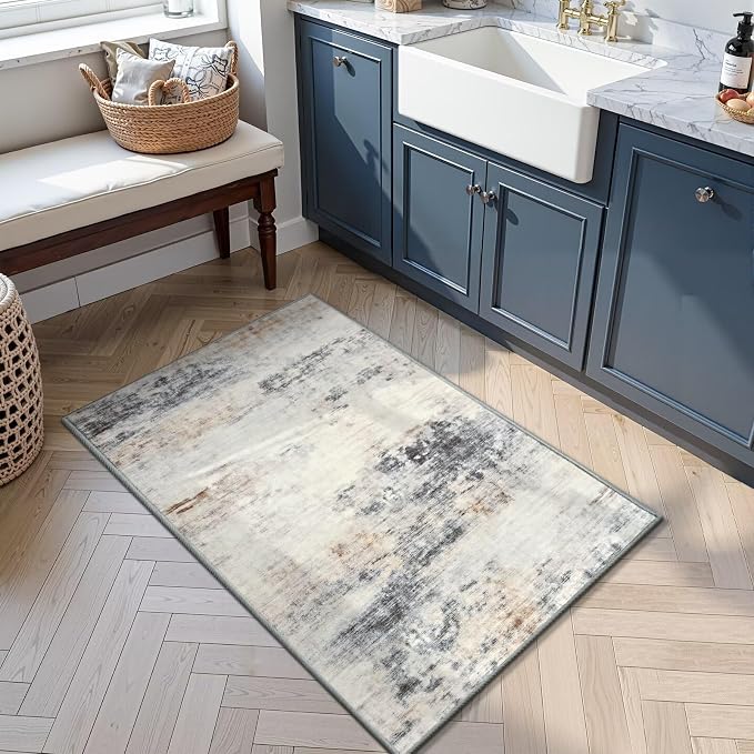 Toneed Washable 2x3 Grey/Brown Area Rug with Non-Slip Backing for Entryway | Abstract Modern Small Throw Rugs, Soft Low Pile Door Mat for Bedroom Kitchen Hallway Indoor Floor Home Decor