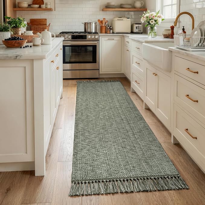 Boho Hallway Runner Rug, 2.6' x 7' Sage Green Bathroom Mats | Washable Modern Farmhouse Kitchen Runner Rugs, Hand Woven Entry Hall Carpet for Laundry Bedroom Decor