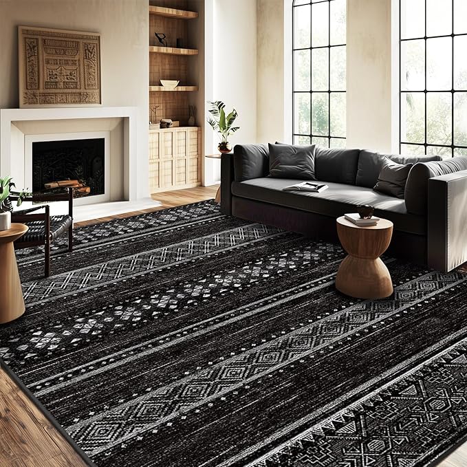 9x12 Washable Area Rugs for Living Room Boho Bedroom Rug Black/White | Vacuum Friendly, Machine Washable, Non-Slip Rug, Stain Resistant, Moroccan Geometric, Low Pile Carpet, Dining Room Kitchen