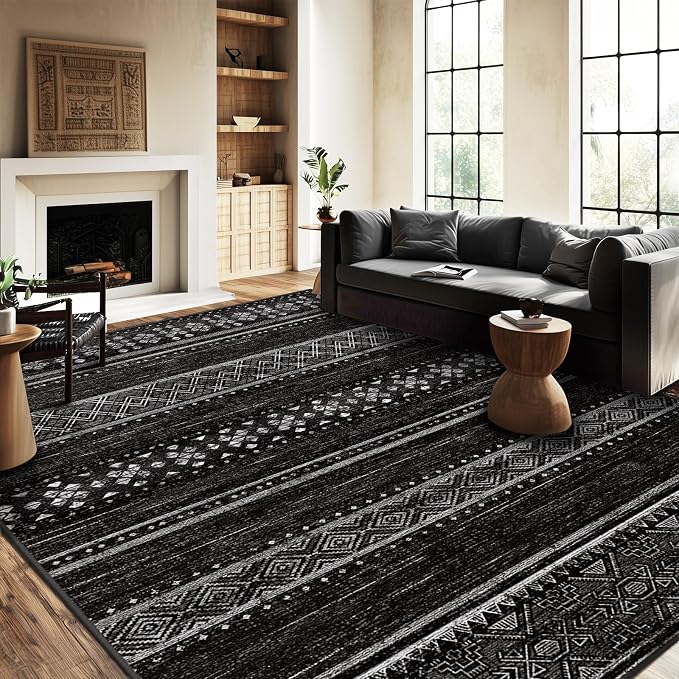 8x10 Washable Area Rugs for Living Room Boho Bedroom Rug Black/White | Vacuum Friendly, Machine Washable, Non-Slip Rug, Stain Resistant, Moroccan Geometric, Low Pile Carpet, Dining Room Kitchen