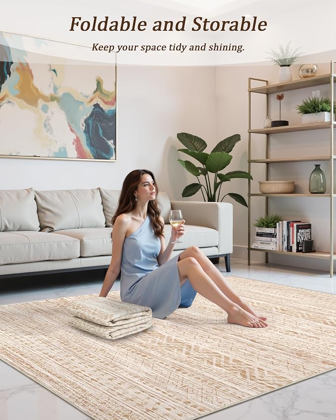 Miukiki 8x10 Area Rug for Living Room, Washable Soft Non Slip Rug Beige | Moroccan Large Indoor Rug for Kitchen Bedroom Dining Room Office, Low Pile Soft Floor Carpet Home Decor 8'x10'