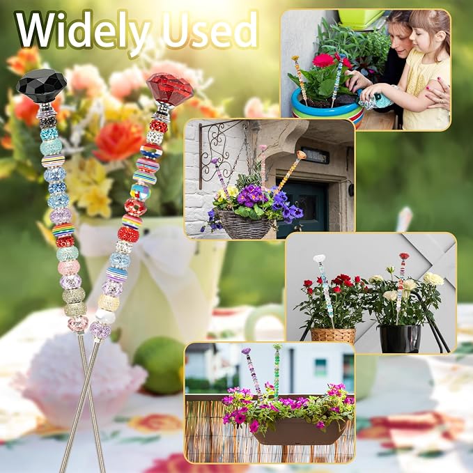 230pcs Beaded Garden Stakes Kit Fairy Garden Stakes Includes 10 Colorful Crystal Top 200 Round Colorful Bead 10 Stainless Steel Threaded Rods and Nuts for Outdoor Decoration(Diamond Style)