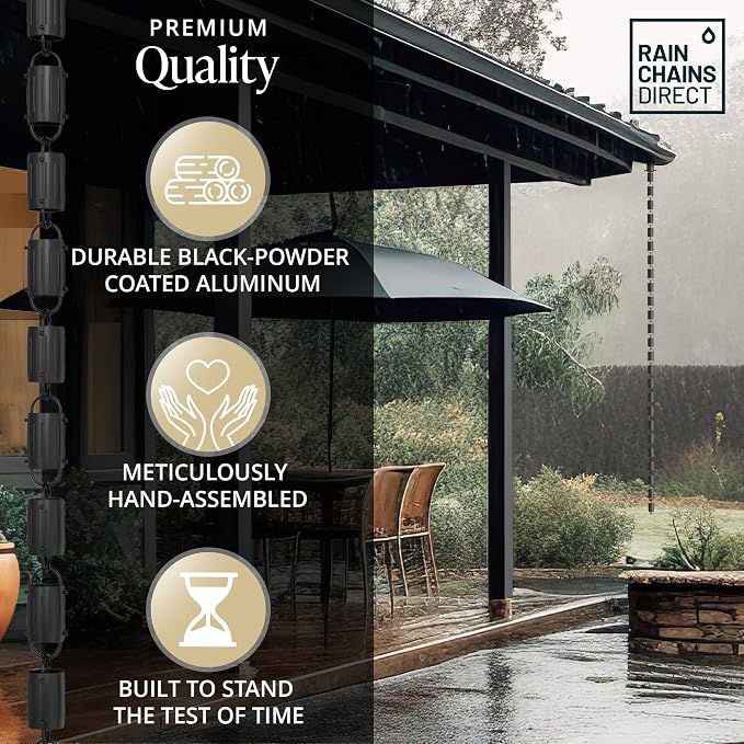 Rain Chains Direct - Barrel Rain Chain - 8.5 FT - Durable Black Powder-Coated Aluminum - Premium Rain Chains for Gutters