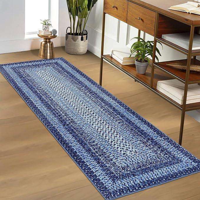 RUGSREAL Braided Print Runner Rug 2x8 Machine Washable Hallway Runner Rugs | Entryway Long Throw Carpet Non Slip Kitchen Mat Living Room Rustic Carpet for Bedroom Dining Room, Navy