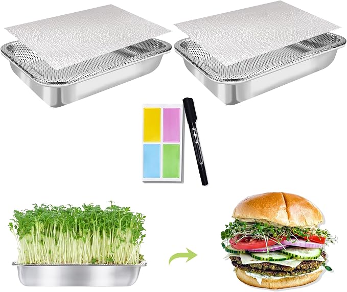 Stainless Steel Sprouts Growing Kit 2-Tier 12.4 inch Trays, Microgreens Growing Kit, Seed Sprouting Tray with Encrypted Mesh Sprouts for Beans Alfalfa Broccoli Wheat Grass