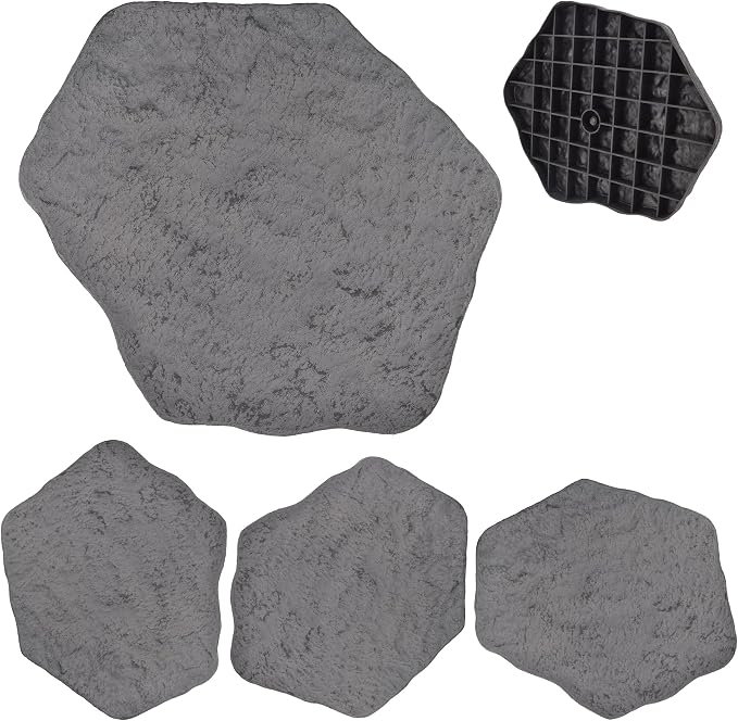 Arcadia Garden Products Set of 4, 16x17” Dark Gray Stepping Stone Fiberclay Pavers, Outdoor Garden Natural Repeatable Pattern Pathway, Faux Stone Decorative Landscaping Walkway