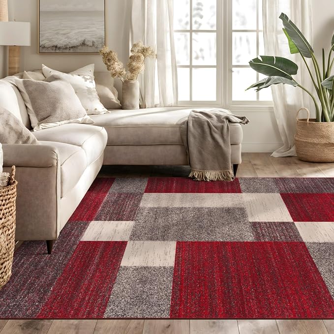 Rugshop Geometric Boxes Non-Slip Modern Area Rug Red 5'3" x 7'3" | Non-Shedding, Rectangular, Size 5'3" x 7'3", Living Room, Bedroom, Dining Room, Home Office, Kitchen, Entryway, Hallway