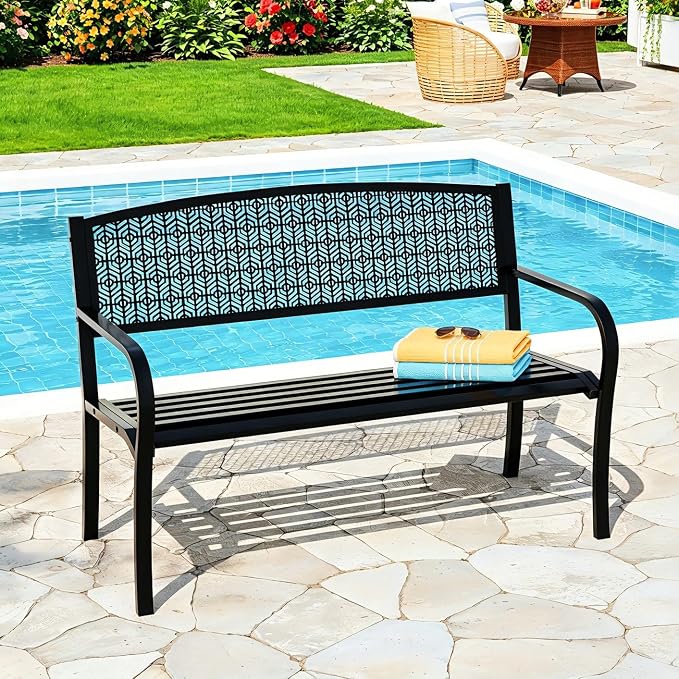 50" Outdoor Metal Garden Bench, Patio Steel Bench with Curved Backrest, Decorative Pattern, Weather-Resistant Porch Bench for Yard, Park, Deck, Backyard