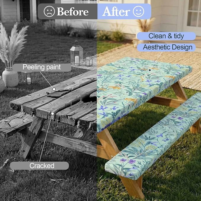 Picnic Table Cover with Bench Covers Camping Essentials Waterproof Windproof Camping Tablecloth with Drawstring Bag, Fitted Rectangle Tables and Seats, 96in, Gray Blue